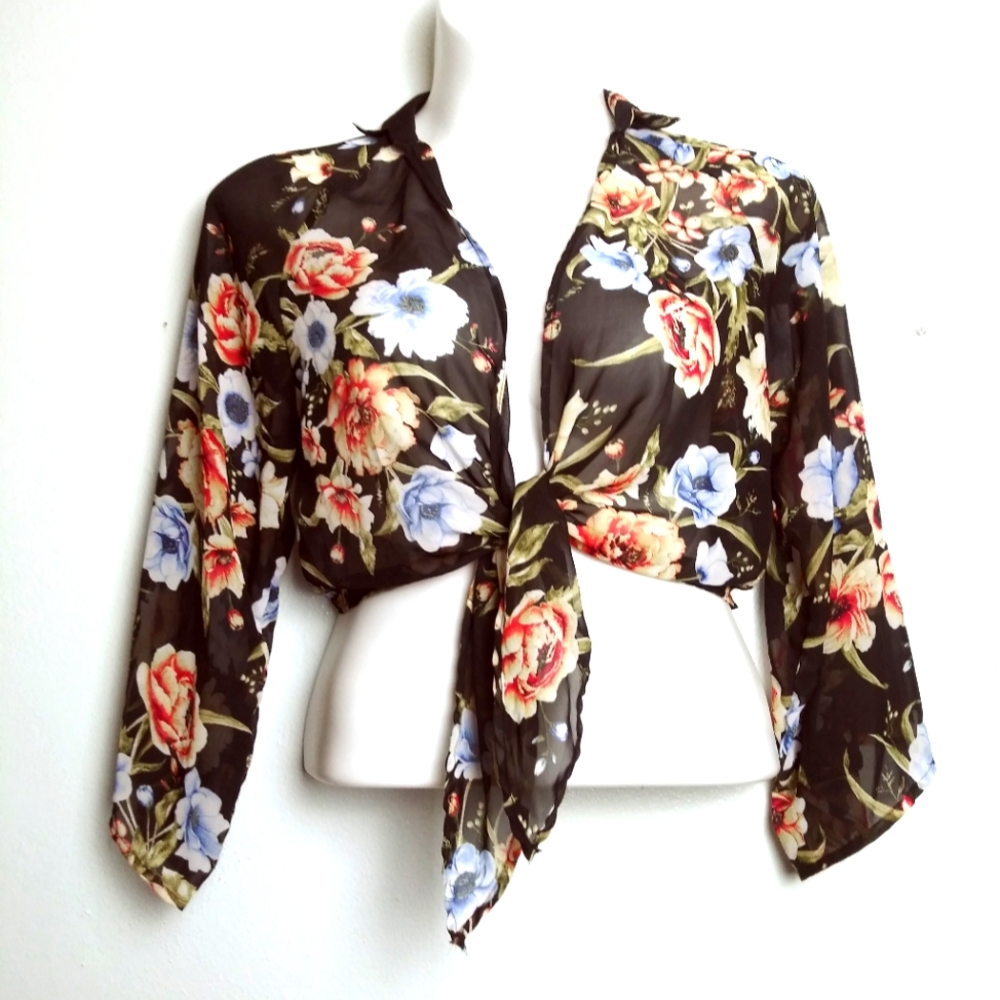 Black Floral Bolero Cardigan Tie Front Sheer Size S